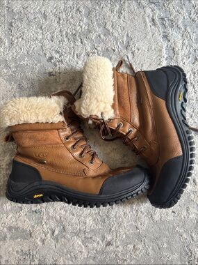 UGG Men's Brown Leather Shearling-Lined Snow Boots with Black Outsole